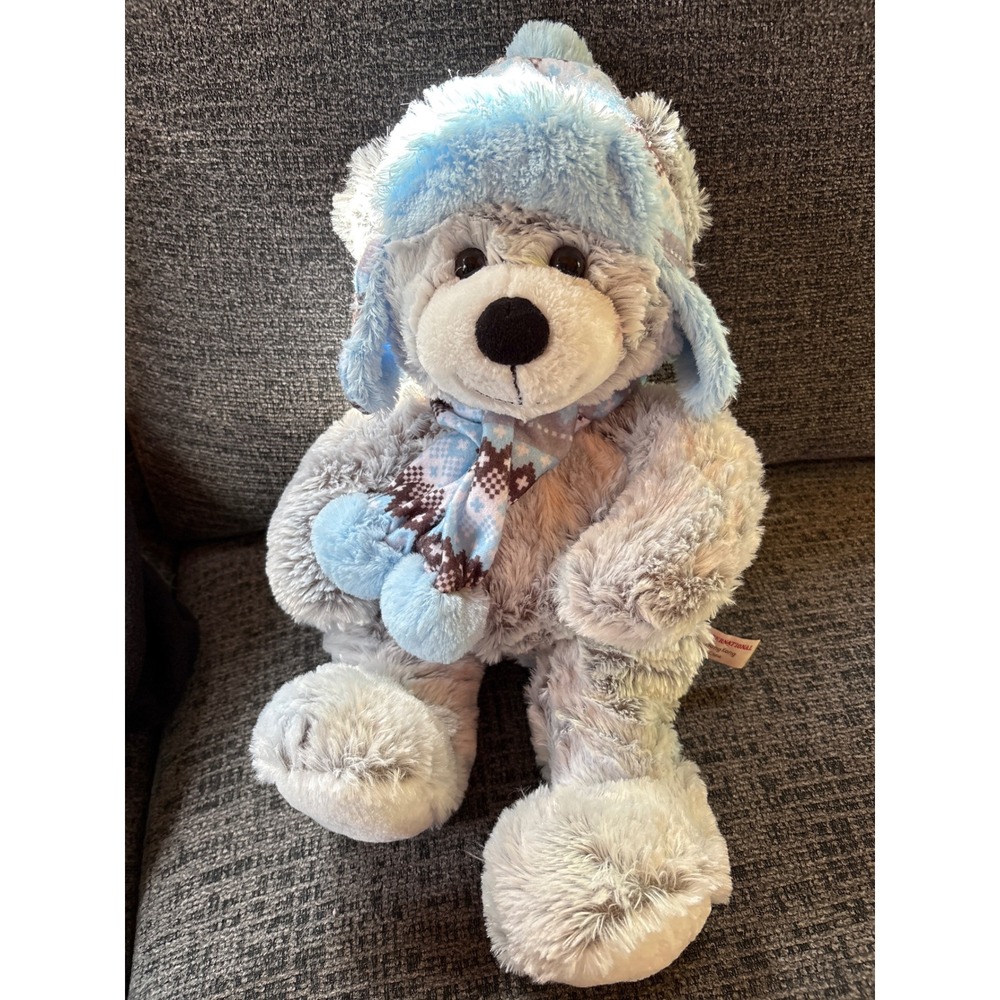 Hugfun International Grey Winter Teddy Bear Blue Trapper Hat Scarf Plush 18"
